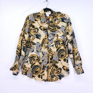 Vintage Tess 100% Silk Women's Multicolor Abstract Blouse Long Sleeve Button M